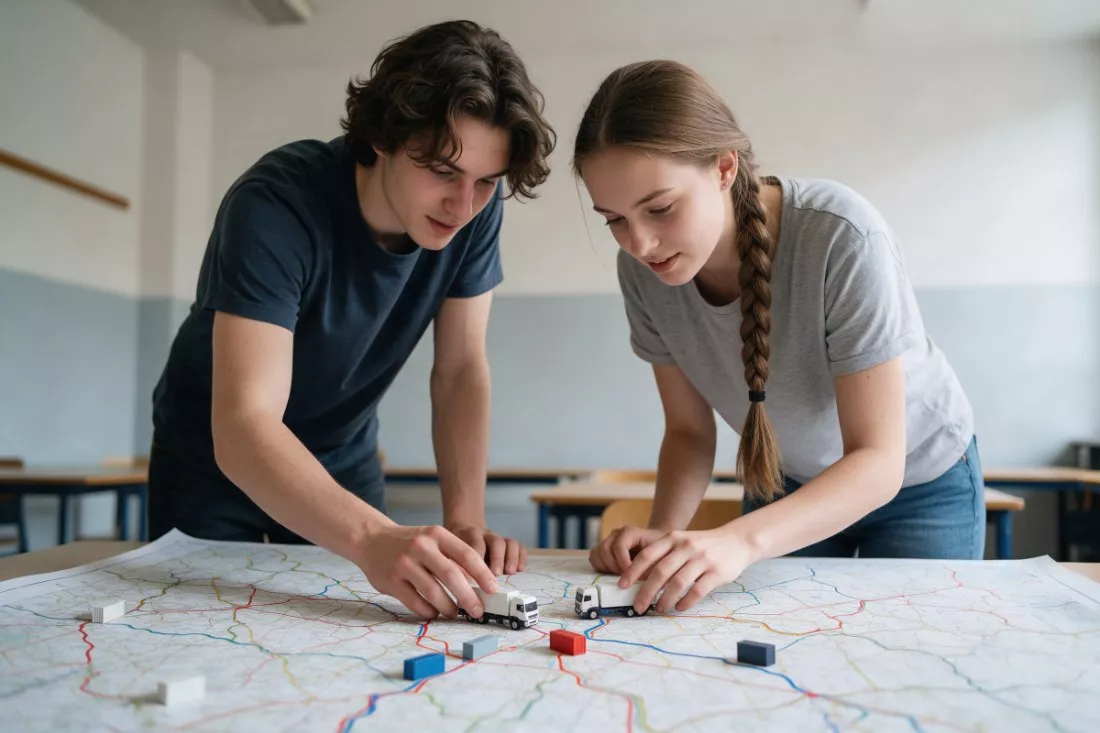 studenci-planuja-trasy-transportu-na-mapie-z-modelami